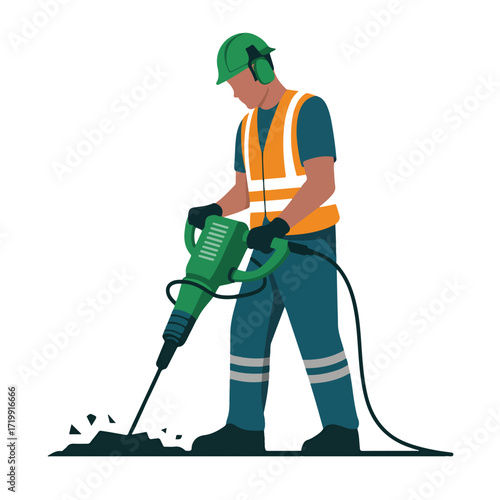 Construction worker using jackhammer in vector format