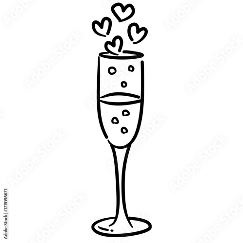 Champagne flute with heart bubbles lines Line Art Illustration for Bachelorette Party Celebration Festive Drink Outline Drawing for Invitations Greeting Cards and Party Decor