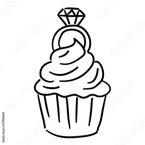 Cupcake with engagement ring topper Line Art Illustration for Bachelorette Party Celebration Festive Drink Outline Drawing for Invitations Greeting Cards and Party Decor