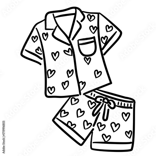A set of heart print pajamas top and shorts Elegant Line Art Illustration for Bachelorette Party Celebration Festive Drink Outline Drawing for Invitations Greeting Cards and Party Decor