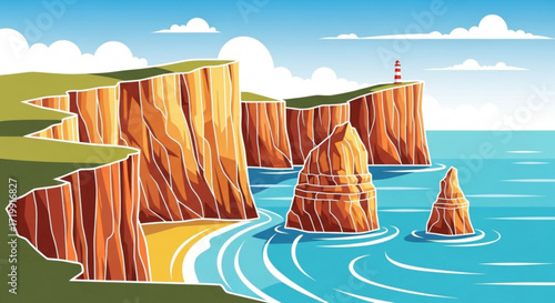 A scenic view of a coastline with towering cliffs, a sandy beach, and a lighthouse perched on the edge, all set against a backdrop of a bright blue sea