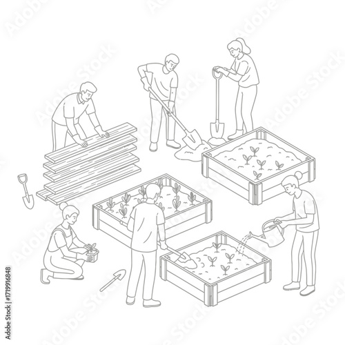 Isometric line art illustration of a community gardening project with people building raised beds, planting seedlings, and watering