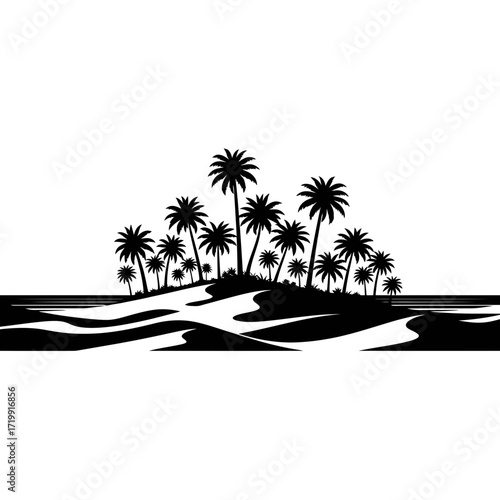 Tropical island with palm trees silhouette isolated on white background