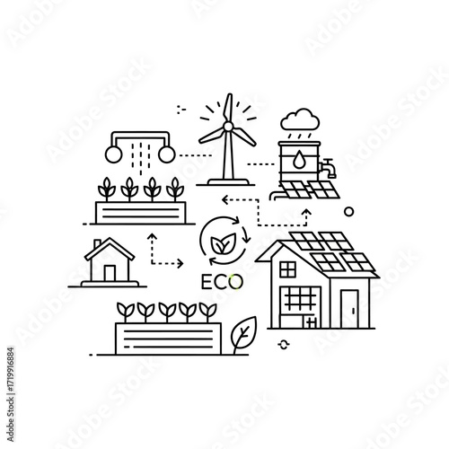 Line art illustration depicting sustainable living with solar panels, wind turbine, rainwater harvesting, and organic gardening, promoting an eco-friendly lifestyle.