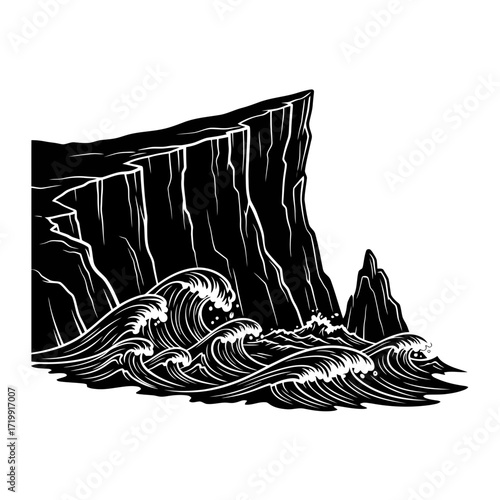 Crashing waves against a cliff silhouette isolated on white background
