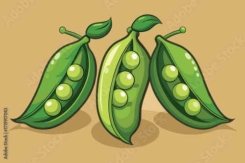 Three green pea pods with peas on a brown background