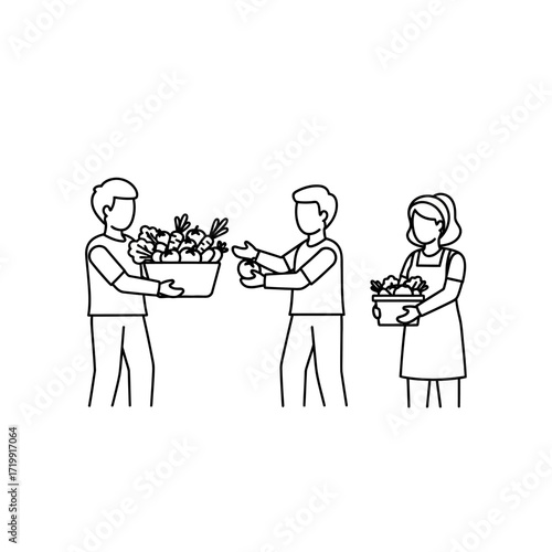 Three people exchanging baskets filled with fresh produce, possibly at a market.