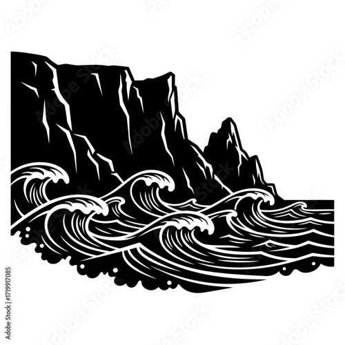Crashing ocean waves against rocky cliffs silhouette isolated on white background