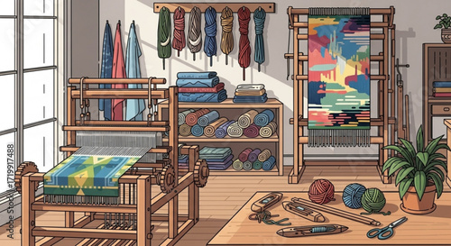 Illustration of a weaving studio with looms, yarn, and textiles, showcasing the craft of weaving and the tools and materials used in creating woven fabrics