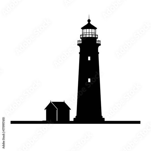 Tall lighthouse and small building silhouette isolated on white background