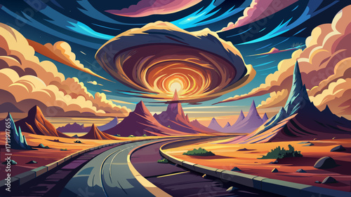 An AI-generated panoramic image of a dramatic and surreal landscape with a road leading towards a swirling vortex in the sky captures breathtaking motion, eerie beauty, vast horizons, and mysterious 
