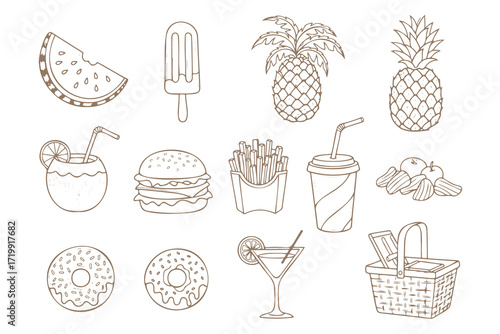 a set of food icons, digital illustration, line art, minimalist, black and white, high contrast, etching, wood carving, graphic, sketch style