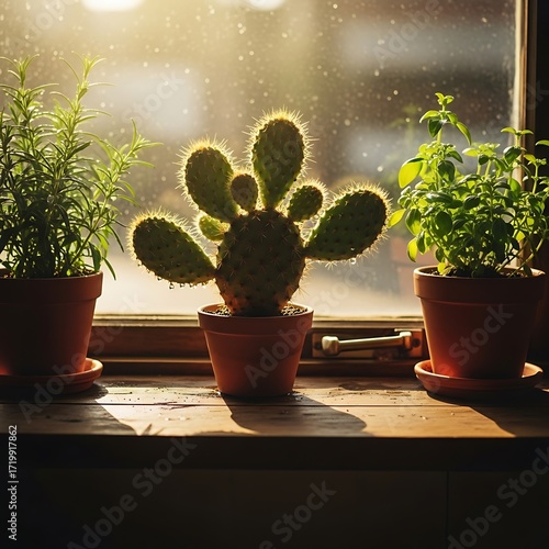 Sunlight streams through a window, illuminating potted herbs and a prickly pear cactus on a rustic wooden sill.