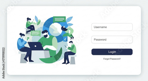Login page interface with teamwork illustration user authentication, account access, and secure login concept for web design