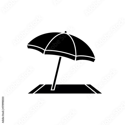 Beach umbrella and mat silhouette isolated on white background