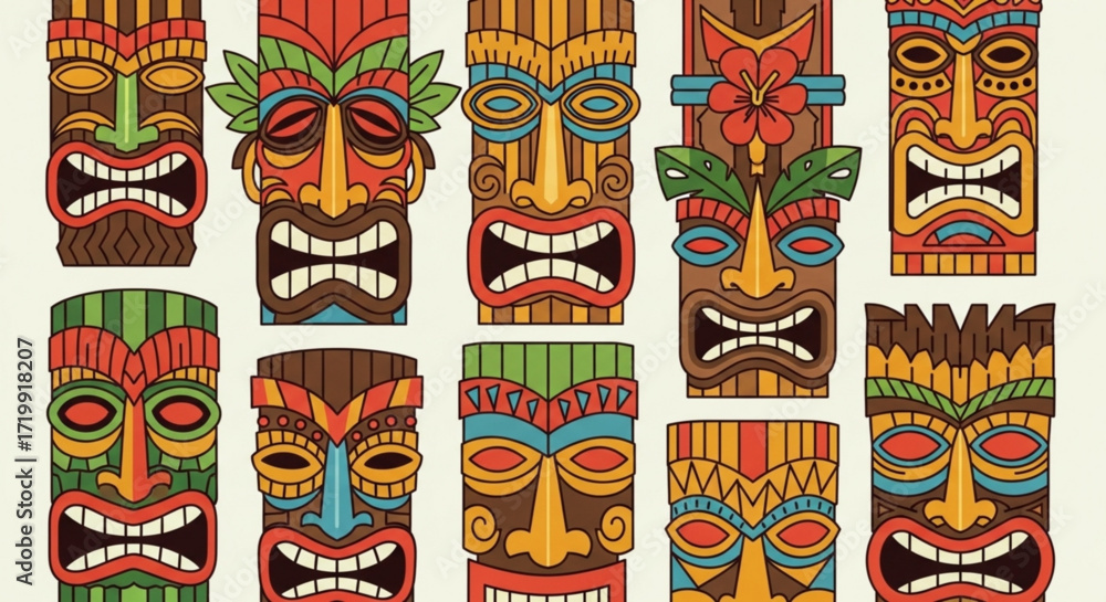 Fototapeta premium Collection of tiki mask traditional hawaiian or polynesian tribal totem, ancient wooden carving, and cultural symbol