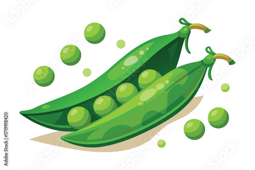 Two open pea pods with green peas on a white background