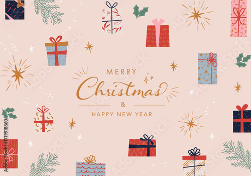 プレゼントボックスのデザインのクリスマスカード。フラットなデザイン。ベクター背景。