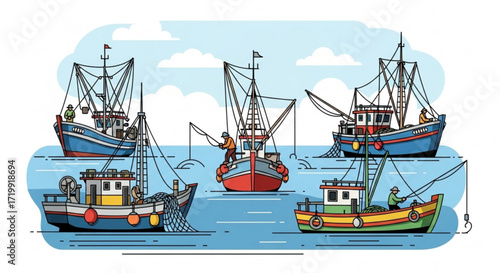 Fishing boat fleet in the sea, featuring various fishing vessels with fishermen at work, nets, and equipment, ideal for illustrating maritime industry, seafood, or coastal life