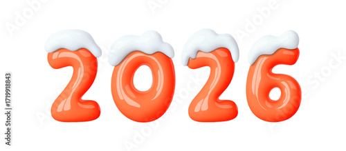 2026 balloon number with snow cap holiday icon. Vector greeting elements for Christmas, winter holiday, Xmas design. Cartoon vector illustration