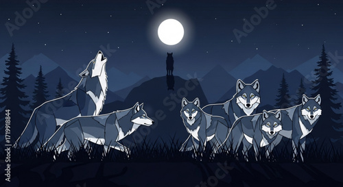 A pack of wolves howling at the moon in a forest at night, with a lone wolf standing on a hill in the background, creating a serene and mysterious atmosphere