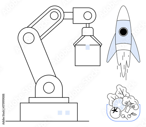 Robotic arm operating, rocket launching, bowl of greens symbolizing technology, innovation, and sustainability. Ideal for automation, AI, aerospace, eco-innovation productivity futuristic design