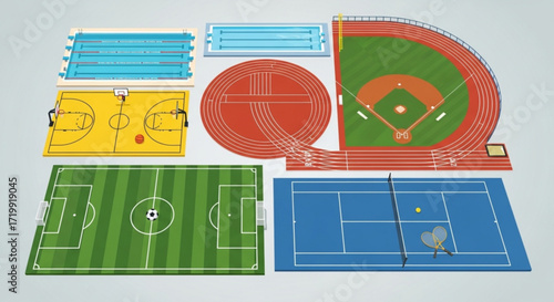Overhead view of various sports fields including a baseball field, basketball court, soccer field, tennis court, swimming pool and running track