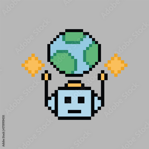 Cute pixel art cartoon robot or AI learn or learning skill with for education calculate chat bot robot vector character technology background 8 bit.