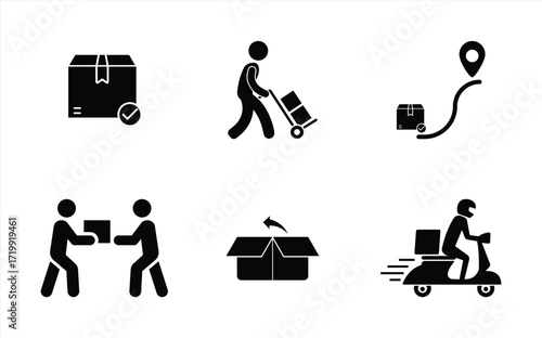 Delivery and Logistics Icon Set – Vector Illustration of Courier Service, Package Tracking, Shipping, Online Order, Return Box, and Fast Delivery for E-commerce and Transportation