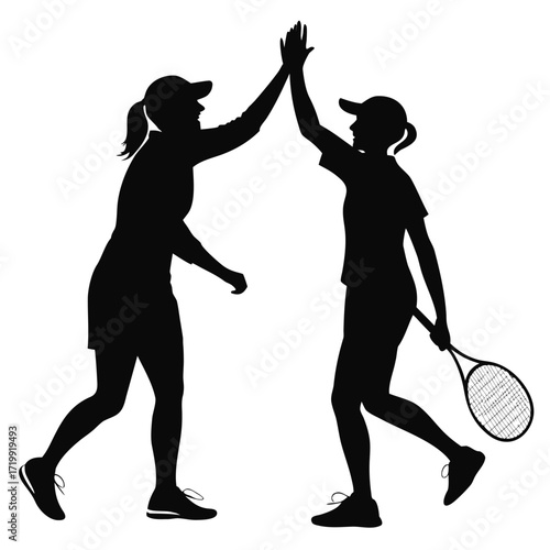 Tennis doubles team high-fiving silhouette