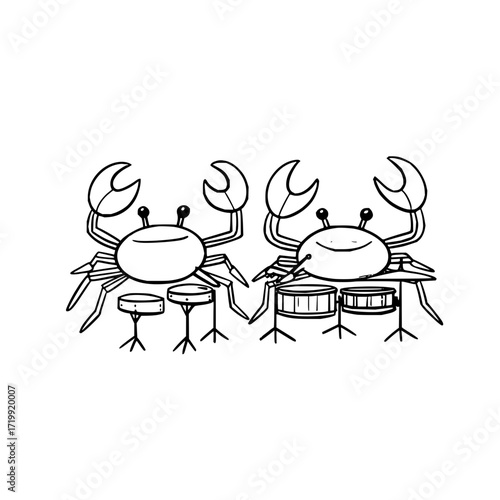 Crab drummer band playing drums music sea ocean animal cartoon crustacean musician percussionist marine life band 100