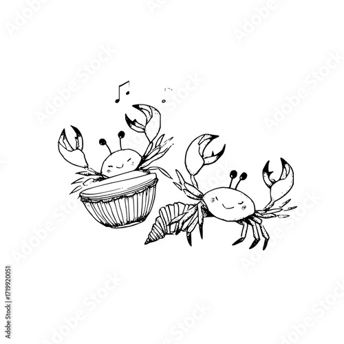 Crab illustration playing drum and seashell music ocean animal drawing sea life marine life black and white art line art