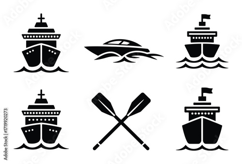 Collection of black and white vector icons representing boats and oars on water