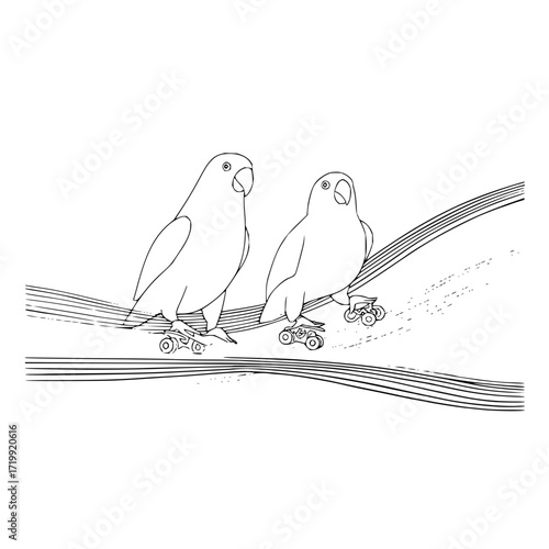 Two lovebirds parrots birds on a branch line art drawing illustration avian wildlife nature animal design vector 100