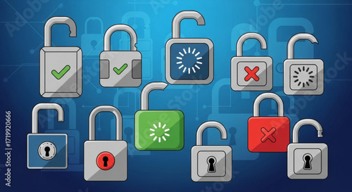 A set of colorful padlocks with various statuses, including open, closed, and loading, against a blue gradient background, symbolizing security and access control