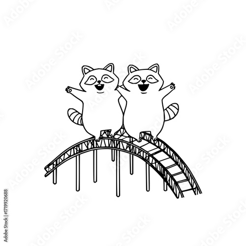 Cute raccoon animal cartoon bridge illustration happy character design graphic vector artwork drawing lineart