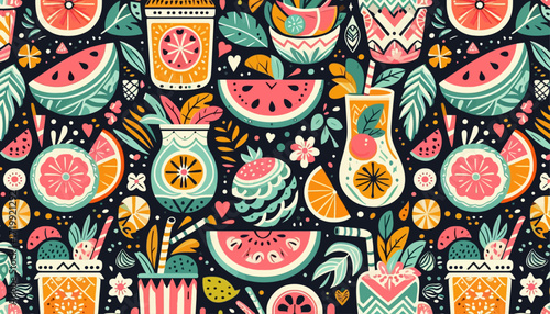 abstract seamless pattern with juicylicious juice and fruit vector background