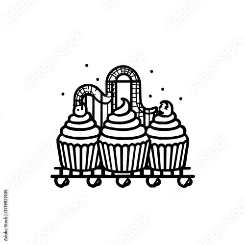 Cupcake roller coaster dessert sweet treat pastry bakery amusement park ride fun black and white line art