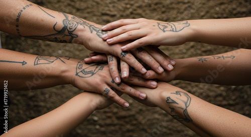 Diverse group of friends with matching tattoos showing unity and support by stacking hands in a circle