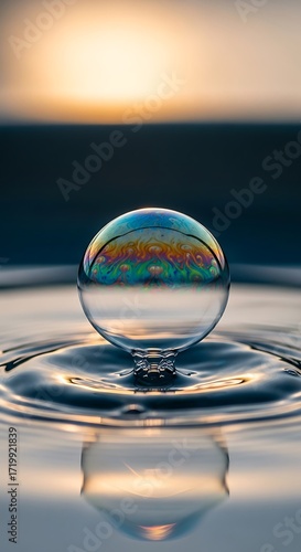 A vibrant soap bubble, perfectly poised atop a gentle ripple, reflects the soft hues of a serene sunset, showcasing intricate iridescent patterns.