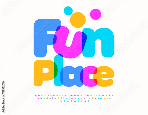 Vector Kids flyer Fun Place. Colorful Childish Font. Bright Watercolor Alphabet Letters and Numbers set
