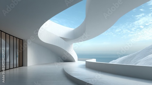 Futuristic White Interior with Swirling Curves and Ocean View Through Glass Wall architecture