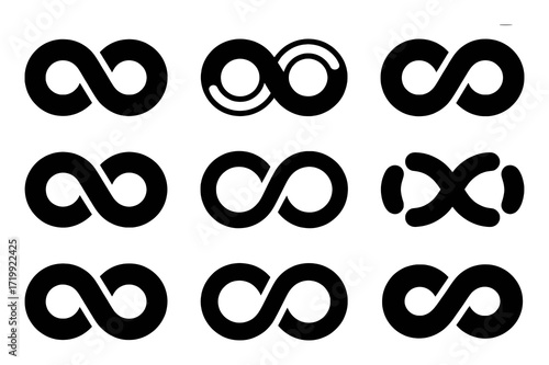 Collection of Black Infinity Symbols and Variations on White Background