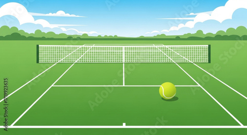 A vibrant tennis court illustration with a green surface, a net, and a tennis ball, set against a backdrop of a blue sky and fluffy white clouds