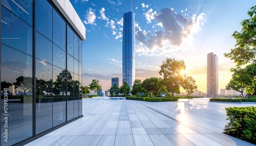 Modern city skyline with glass buildings, green trees, and a spacious plaza under a bright sky.