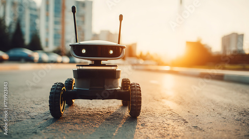 Fototapeta Naklejka Na Ścianę i Meble -  Small robotic device with wheels and antennas on an urban road at sunset