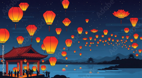 A beautiful night scene with a traditional chinese pavilion and many glowing lanterns floating in the sky over a calm lake, creating a festive atmosphere