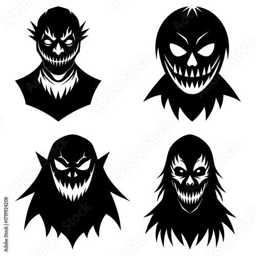 Collection of four stylized black and white spooky monster faces with sharp teeth and evil eyes