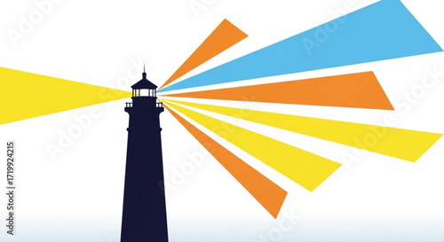 A striking lighthouse illustration with colorful beams of light emanating from it, , symbolizing guidance and hope