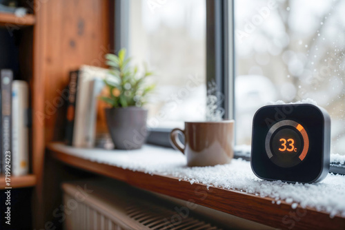 Smart thermostat on a snowy windowsill next to a hot drink on a cold winter day.